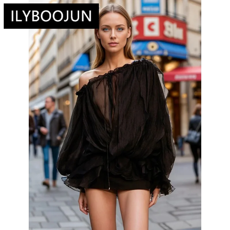 ILYBOOJUN Solid Minimalist Loose Shirts For Women Slash Neck Long Sleeve Spliced Lace Up Chic Blouse Female Fashion Style New