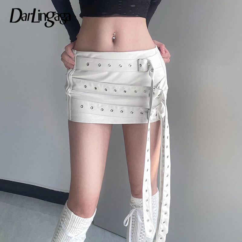 

Darlingaga Streetwear Bodycon Punk Low Waist PU Leather Skirt Women Buckle Eyelet Fashion Sexy Mini Skirt Clubwear Party Outfits