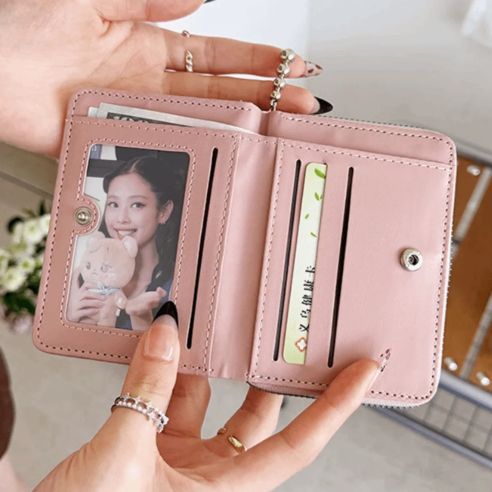 

New Zipper Short Wallet Multi-Card Slot PU Leather Coin Purse Small Ball Pendant Card Holder Women Girl