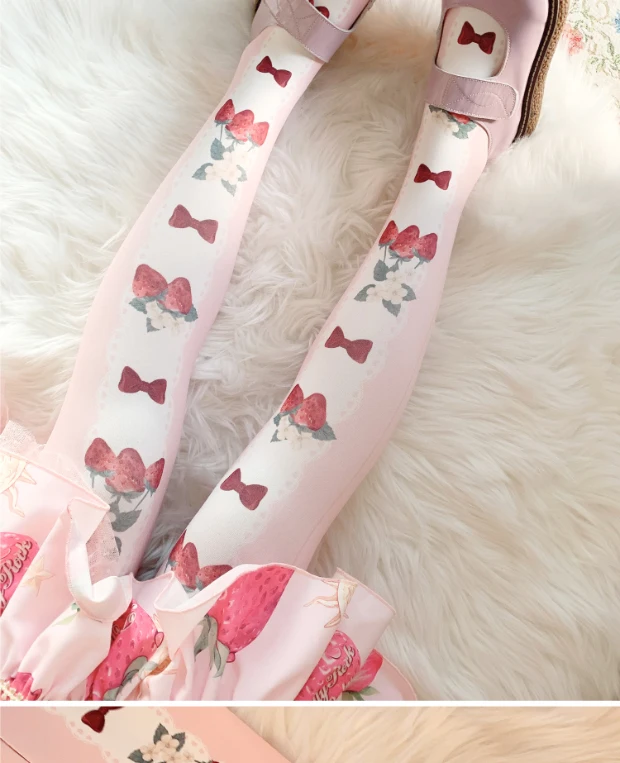 Strawberry Bow Lolita Socks Ladies Spring Summer 120D Velvet Printed Pantyhose Y2k Sweet Hosiery Japanese Rojita Style Tights