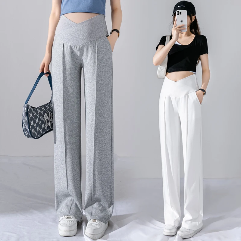 Summer Thin Cool Cotton Maternity Straight Pants Low Waist U Belly Clothes for Pregnant Women Wide Leg Loose Pregnancy Trousers