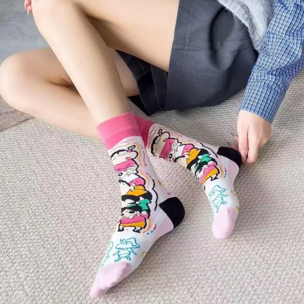 Kawaii Crayon Shin-Chan Anime Cartoon Pure Cotton Mid-Calf Socks for Girls Trendy Breathable Socks Give Gifts To Girlfriend