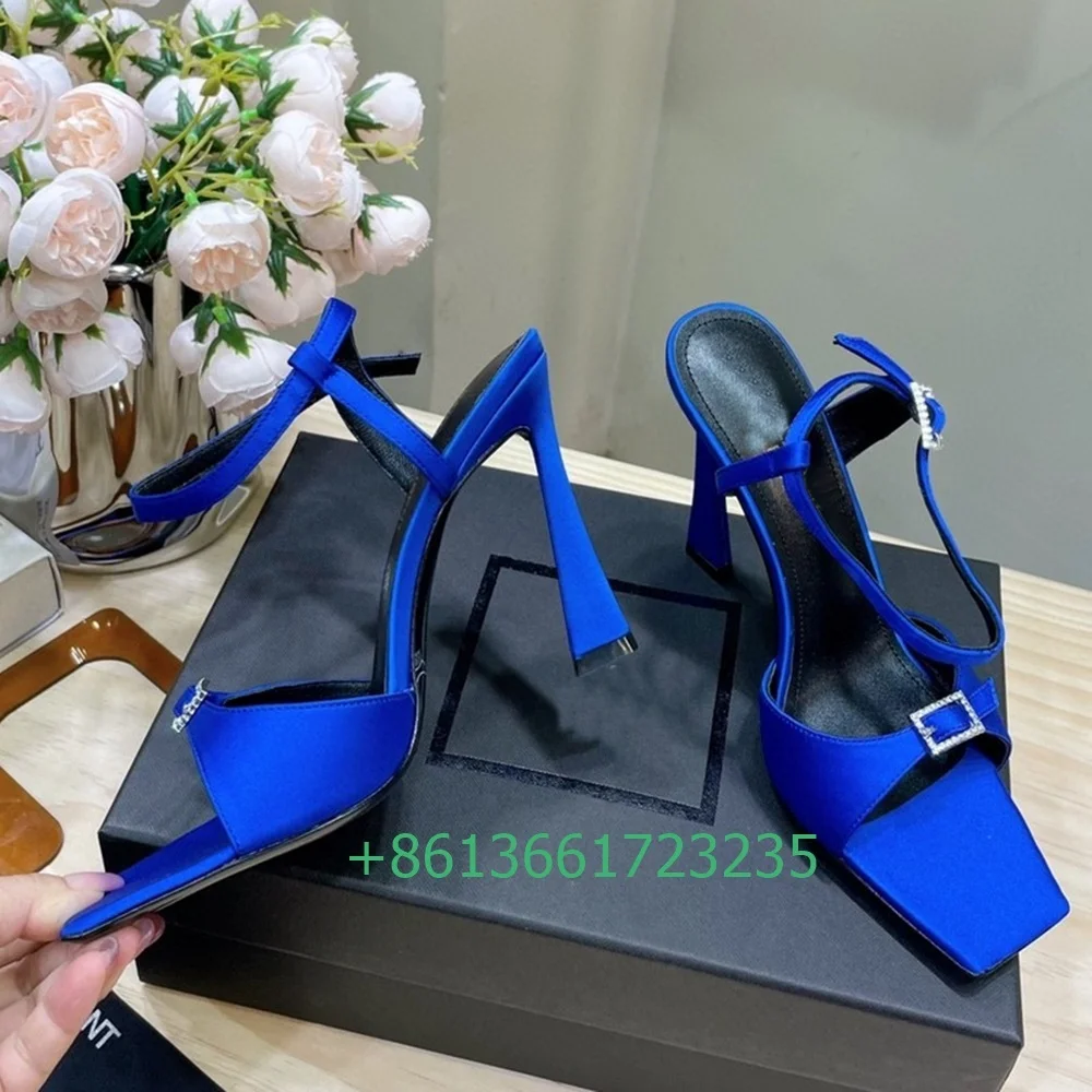 2025 Women New Style Sandals Square Toe Stiletto Heel Shoes Square Buckle Crystal Bling Bling Sandals Summer Shiny Sexy Pumps