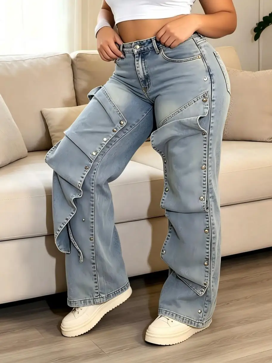 【HME】Jeans | Women Deconstructed Rivet Patch Denim Pants, High‑Waist Wide‑Leg Washed Vintage Jeans, Side Layered Decorations, Loose Draped Leg, Figure‑Flattering Cut, Sturdy Denim Fabric, Cool Street‑Style Denim Trousers For Ladies