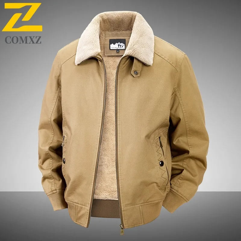 

COMXZ 2025 Мужская флисовая хлопковая куртка на подкладке из шерпы, зимняя куртка из чистого хлопка, свободная посадка большого размера, теплое повседневное винтажное пальто среднего возраста