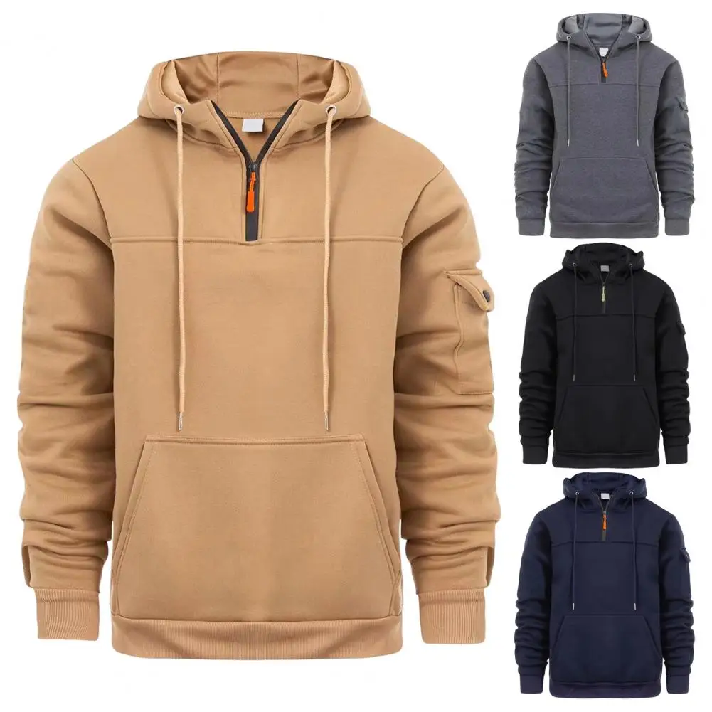 Retro Men Fall Winter Hoodie Drawstring Long Sleeves Windproof Hoodie Big Pocket Hooded Thin Loose Daily Wear Casual Sport Top