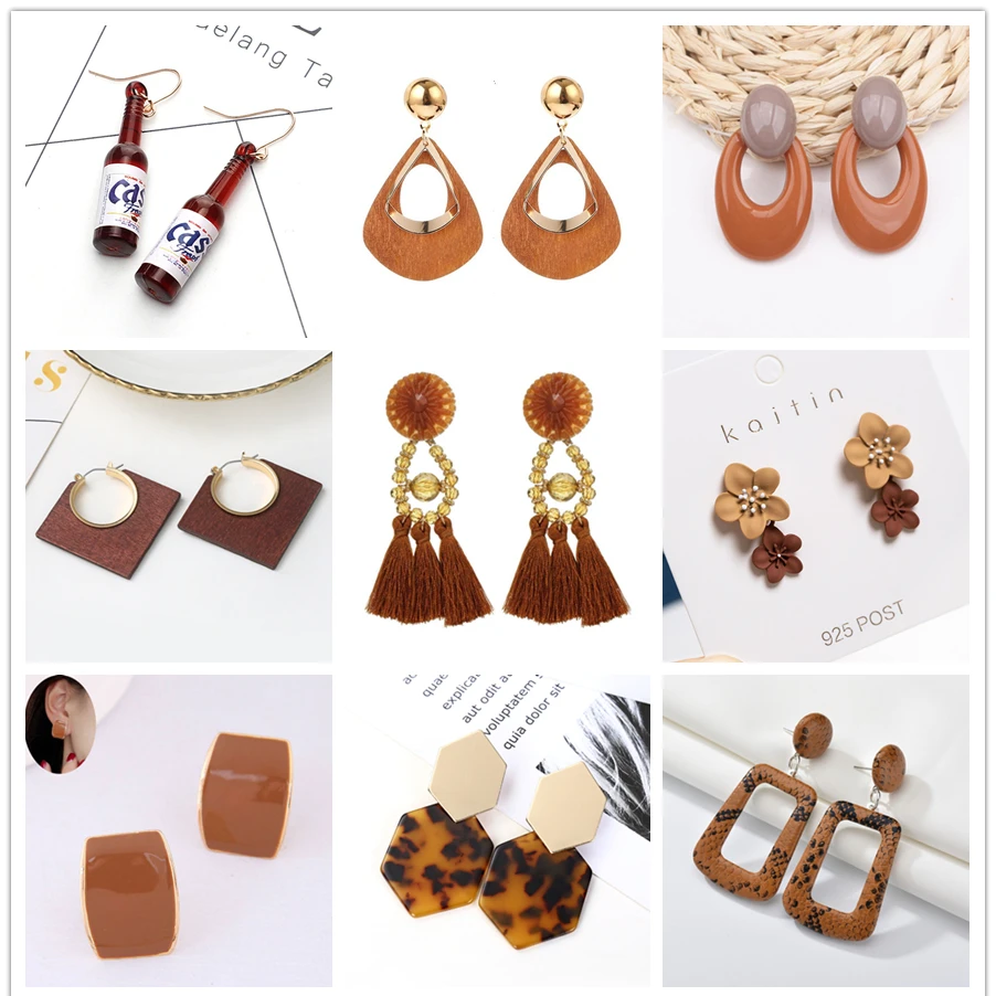 Coffee Brown Color Geometric Acrylic Resin Earrings Flower Tassel Round Square Heart Wood Dangle for Women Jewelry Gift