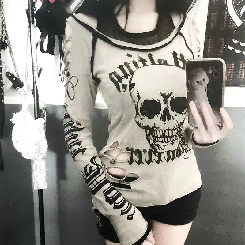 

Gagaok, женская футболка в американском стиле, повседневные футболки с черепом и буквенным принтом, осень 202, утягивающий готический топ для девочек, Ropa Mujer