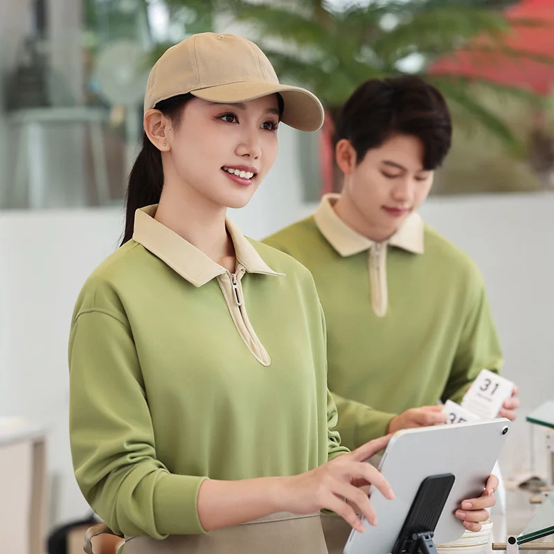 

Cotton Workwear Sweatshirt Custom Printed Restaurant Hot Pot Shop Turn-Down Collar Cultural Shirt Autumn Winter Compan