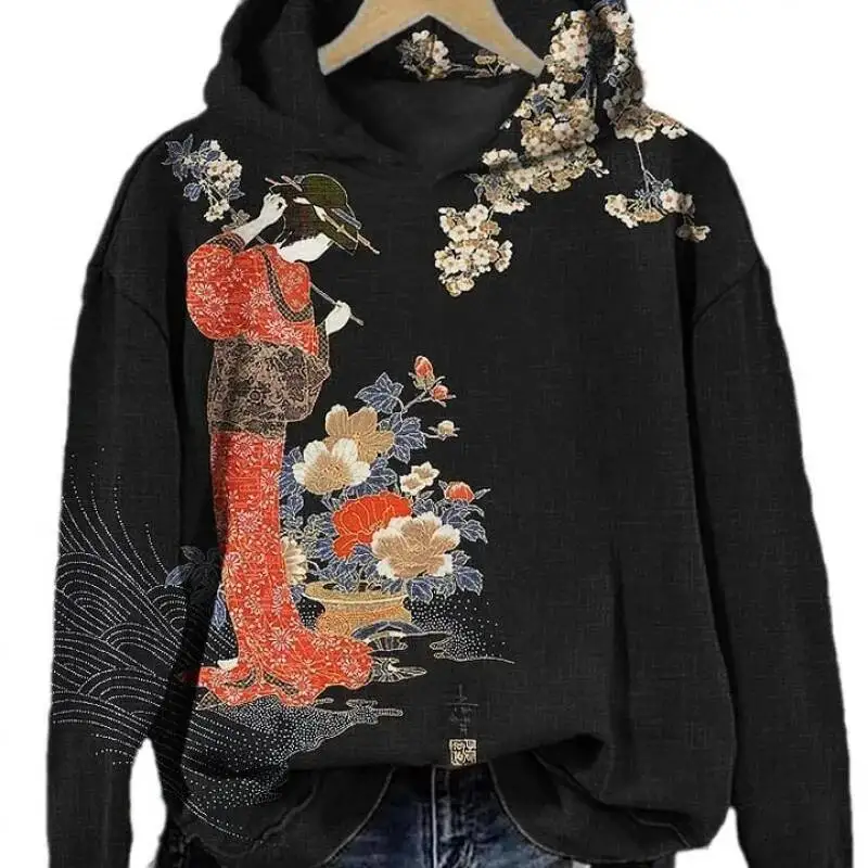 Japanse etnische trendy stijl kersenbloesem kunstprint losse pasvorm herfst winter