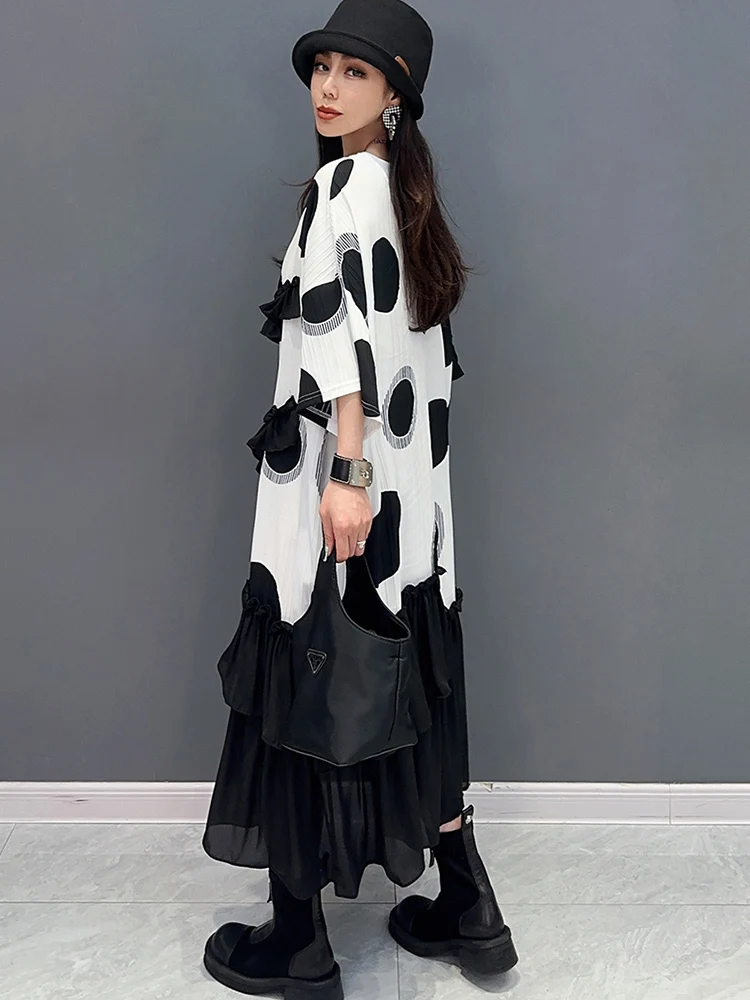 SHENGPALAE Chiffon Printed Short Sleeved Ruffle Edge Spliced Casual 2024 Spring New Mid Length Dress Fashion Women Robe 5R9584