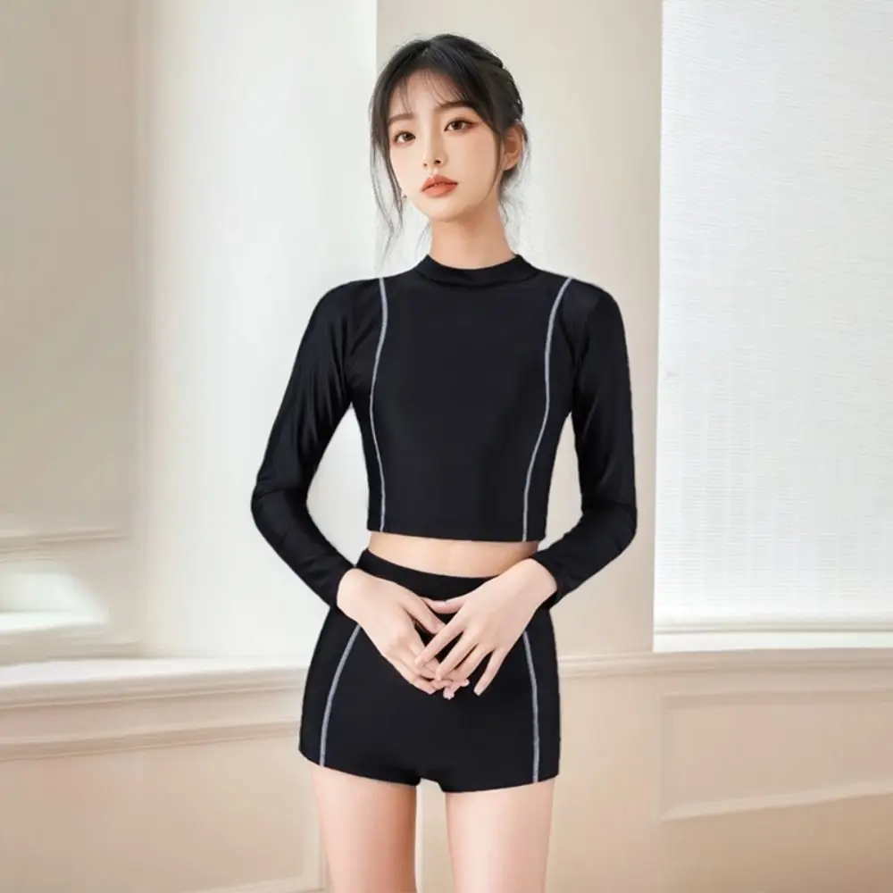 Costume da bagno da donna con design patchwork, vestibilità snellente, costume da bagno a maniche lunghe a vita alta con pantaloncini, tessuto per protezione solare