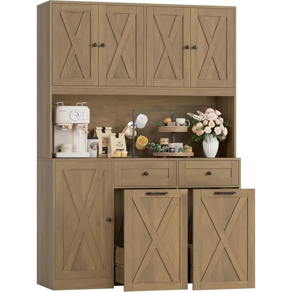 

71 H Wooden Double Bin Trash Can Cabinet, 12.5 Gallon Pull-Out Waste Storage Hutch, 47 Wide Kitchen Pantry with Concealed Garbag
