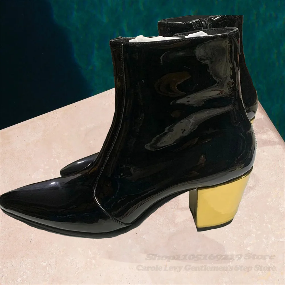 

Gold Metal Chunky Heel Men Ankle Boot British Style Pointed Toe Patent Leather Side Zipper Luxury Business Formal Dress Shoes