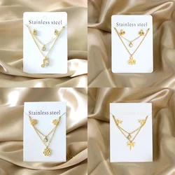 Double Chains Necklace And Earrings Jewelry Sets Female Wedding Party Cubic Zirconia 316L Stainless Steel Pendant Jewelry Gifts