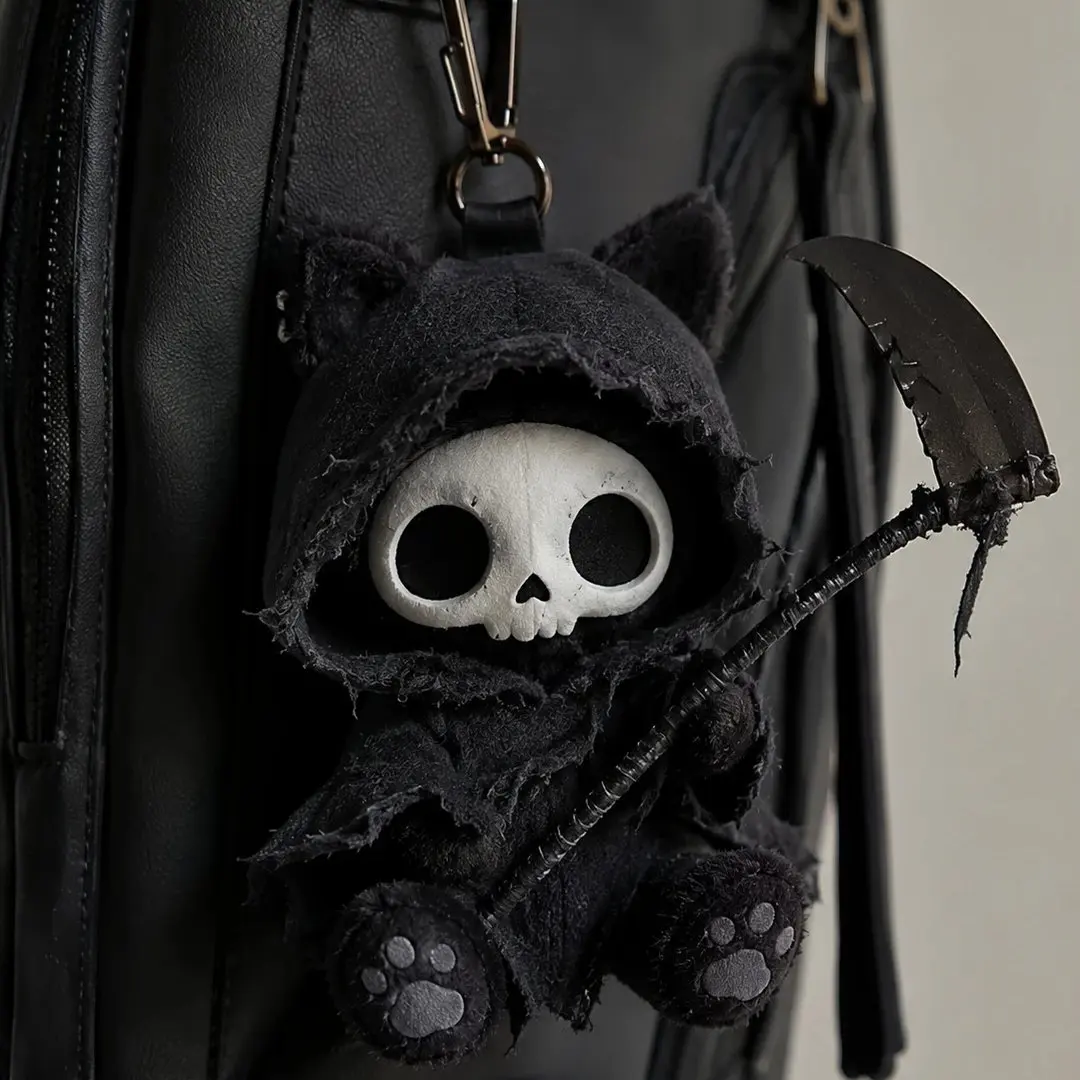 Grim Reaper Schwarze Katze Plüsch-Taschenanhänger Kreativer Gruseliger Stoffanhänger für Rucksack, Geldbörse, Deko, Geschenk, Sammlung