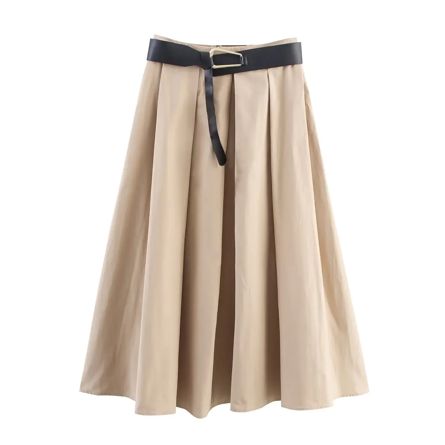 

Women Solid Pleated Skirt With Belt Zipper Female Maxi Skirt