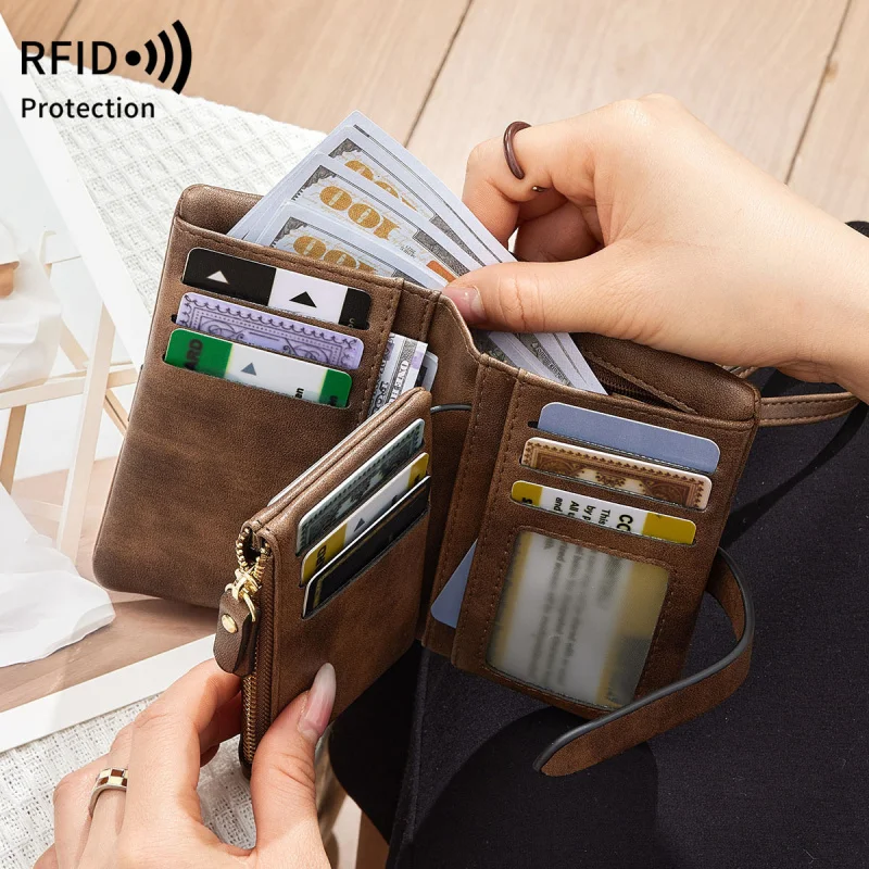 Western RFID Blocking PU Leather Three Floded Women Wallet Large Capacity Hasp Zipper Coin Purse for Ladies