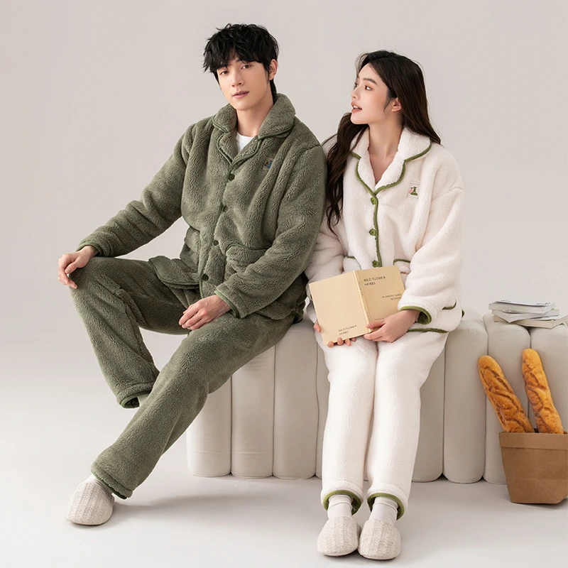 High Quality Couple Pajamas Set Solid Turn-down Collar Flannel Sleepwear Women Men Warm Fleece Pijama Lovers Home Clothing