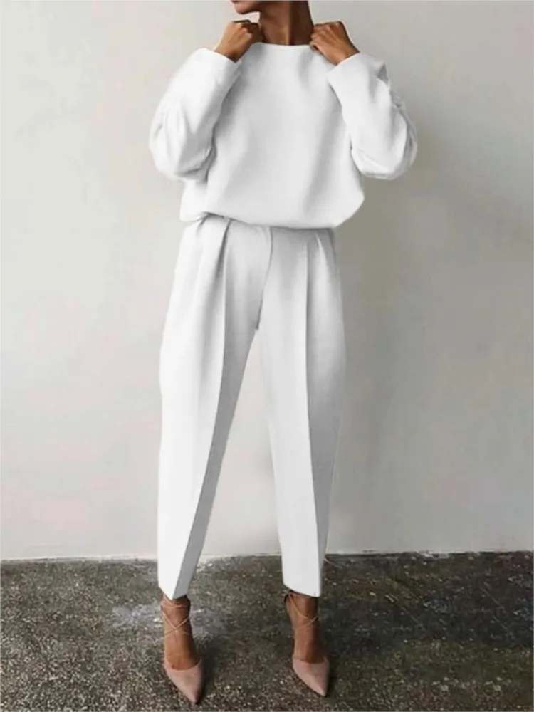 Autumn Winter Women Elegant Solid Color 2 Piece Sets Casual O Neck Pullover Tops And Long Pants Suit Ladies Fashion Loose Set