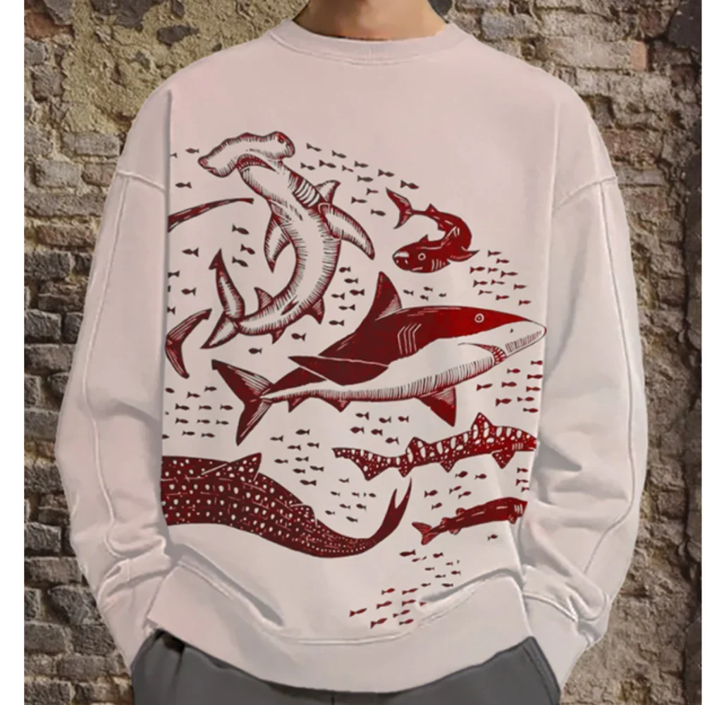 Japanese Ukiyoe Men's Long Sleeve Tops Autumn Octopus Pattern Clothing Oversized Round Neck Pullover 2024 Men's Sweatshirt