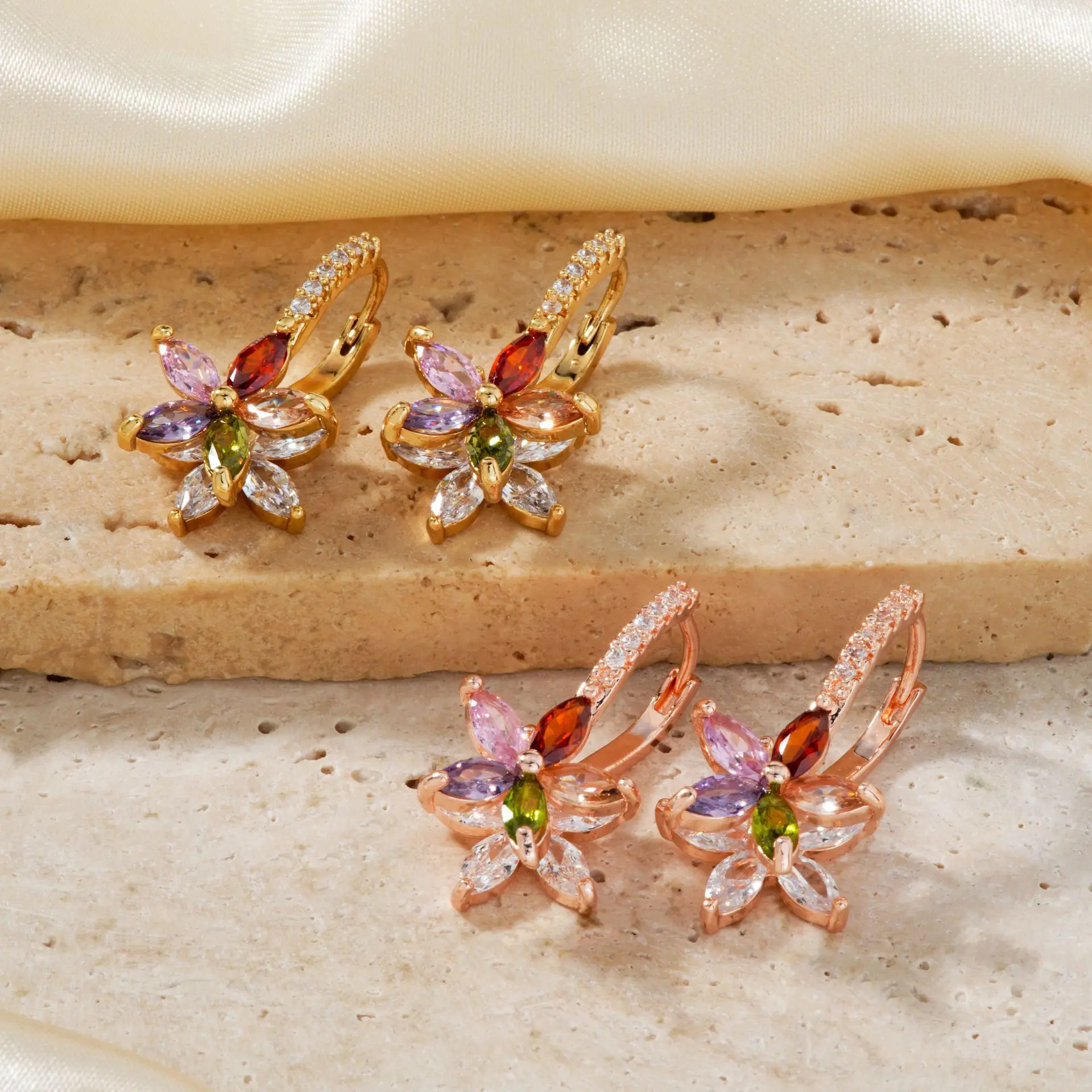 

Multicolor Lotus Zircon Rose Gold Earrings Rainbow Zirconia Gold Plated Custom Fine Jewelry Earrings