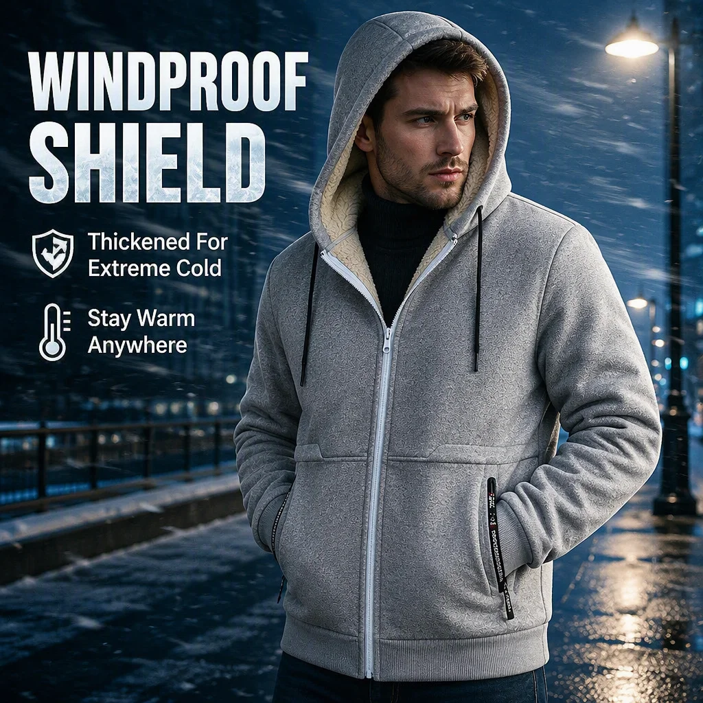 Men's Winter Fleece Lined Hooded Jacket, Full Zip Up Thick Warm Hoodie Coat, Casual Long Sleeve Drawstring Outerwear With Pocket