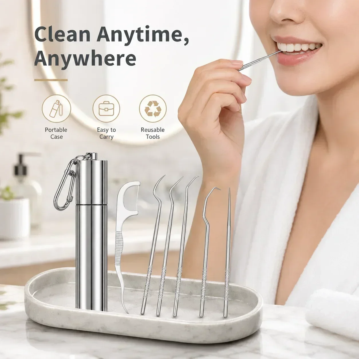 Stainless Steel 7-Piece Toothpick Set, Portable Metal Dental Floss Kit with Storage Case for Travel Home