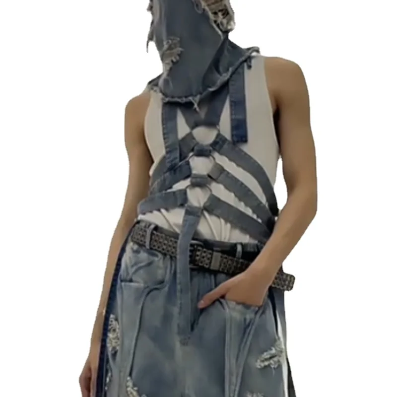 

Punk Avant-Garde Style Niche Design Washed Distressed Adjustable Strap Decorative Hollow Denim Vest Strap Men and Women