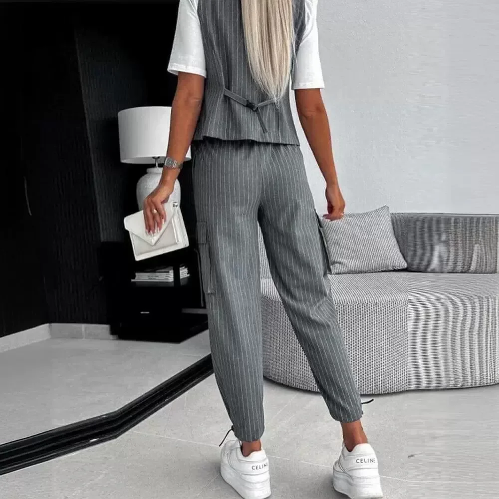Women 2pcs Clothes Set White Striped Sleeveless Vest Suit Casual & Ankle Length Pants Trousers