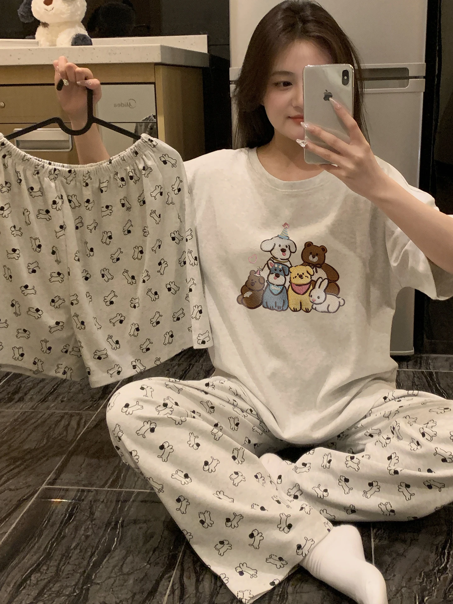 

2026 New Women's Cotton Pajamas Summer Tee-Piece Set ort Sve Long Pants Thin Home Clothes Summer Dog Print Suitable fo...