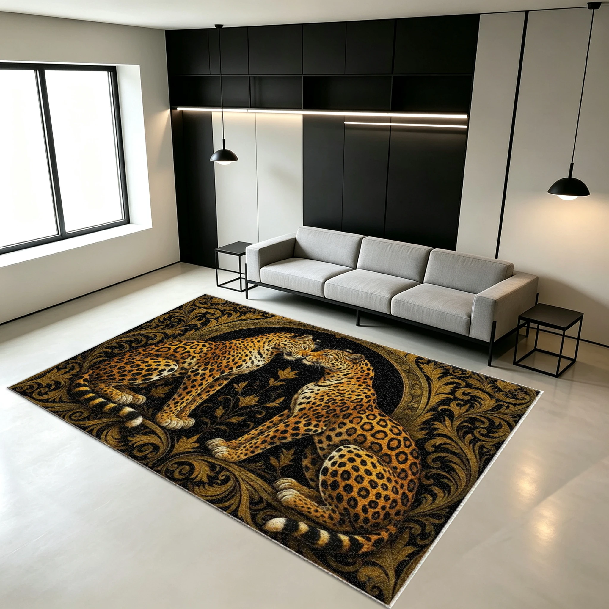 Vintage Baroque Style Two-Leopard Pattern Luxurious Floral Carpet, Non-Slip Luxury Animal Pattern Carpet Suitable for Living Room Home Decoration