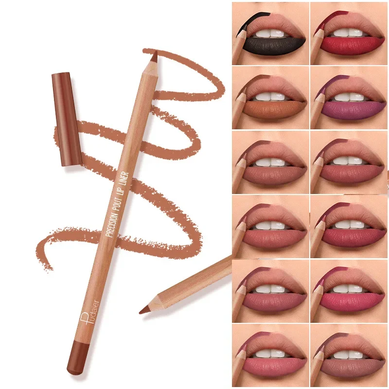 Pudaier 12 pçs/set Lip Liner Pen 12 Cores Lápis Lipliner Profissional e Lip Fosco Copo Antiaderente Lápis Batom Nu