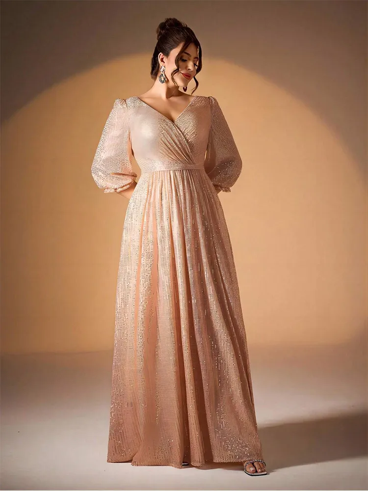 Plus Size V Neck Apricot Floor Floor Long Sleeve Evening Gown 4xl 5xl Big Size Sparkling Evening Gown Women 2024