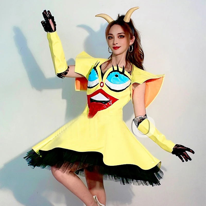 Halloween drôle Performance robe femmes jaune pôle danse robe de soirée Bar discothèque DJ scène Jazz danse Festival tenue XS10492