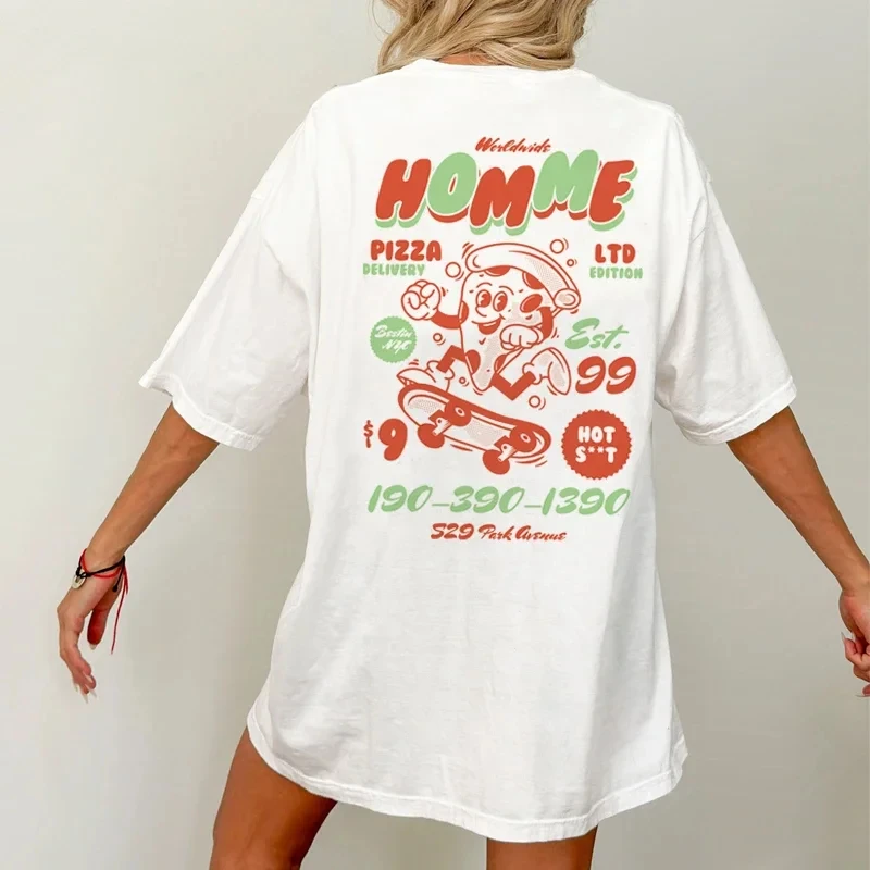 Damska Oversized hiphopowy sweter bawełniana koszulka z nadrukiem zabawna Pizza koszulka 90s Retro słodkie koszulki dla smakoszy Unisex stylowe topy