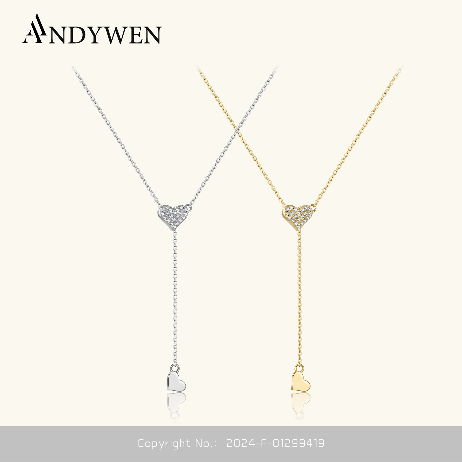 

ANDYWEN Women 925 Sterling Silver Ajustable Flexible Fix Pulling Heart Long Chain Necklace Transformer Rubber Stopper Jewelry