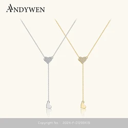 ANDYWEN Women 925 Sterling Silver Ajustable Flexible Fix Pulling Heart Long Chain Necklace Transformer Rubber Stopper Jewelry