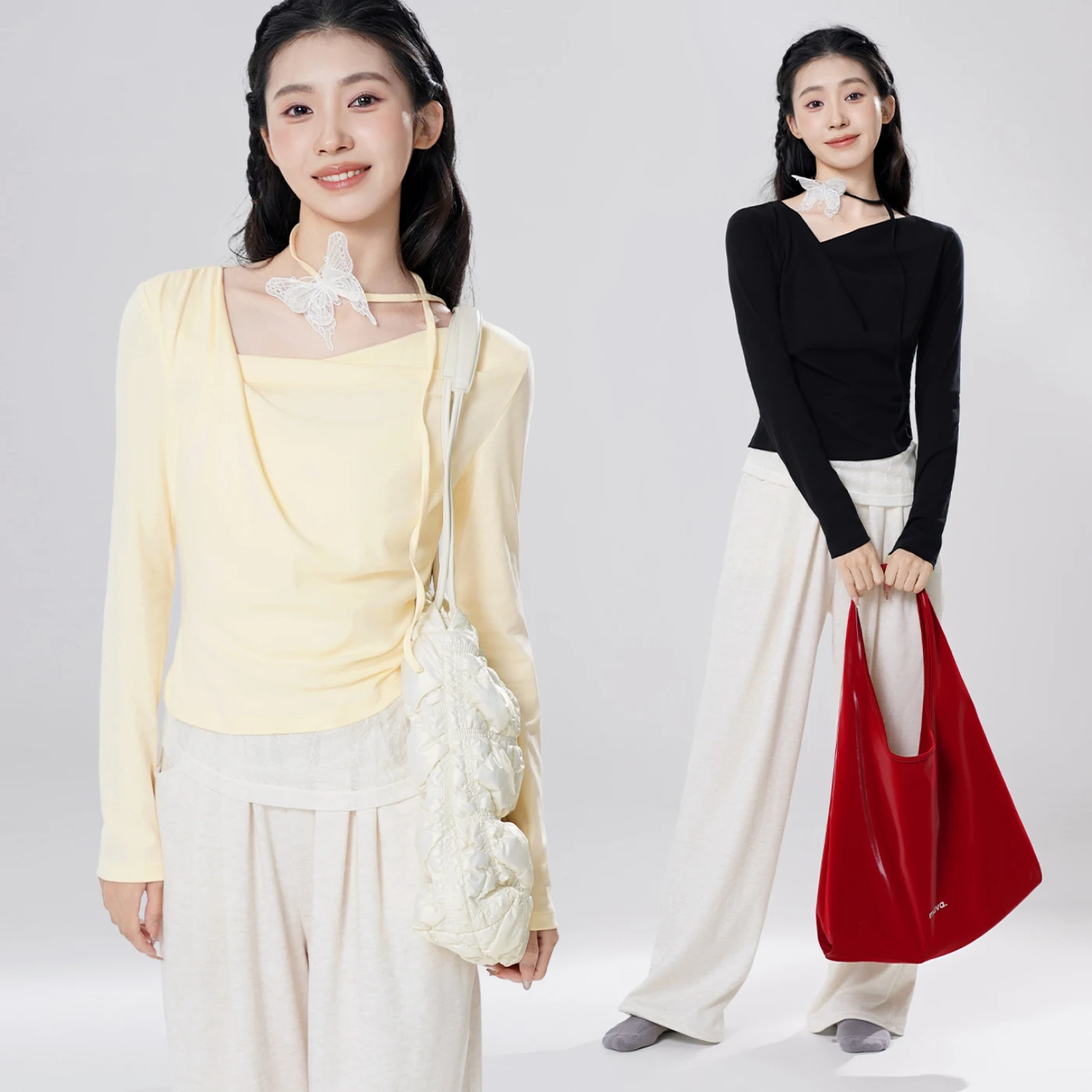 女性レーススプライスカジュアルブラウス優雅なダンストップ非対称ドレープ&繊細な蝶チョーカーガールコットン長袖シャツ