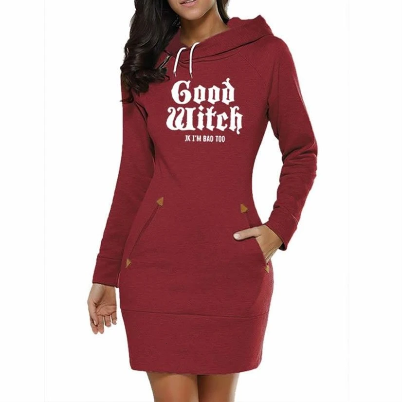 Autumn Women Dress Hoodies Dresses For Women Long Dress Good Witch Letters Print Hoodies Sweatshirt Femmes Sweatshirts Girls Top