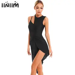 Womens Dance Performance Costume Sheer Mesh Patchwork Sleeveless Asymmetrical Hem Latin Dance Dress Dancewear