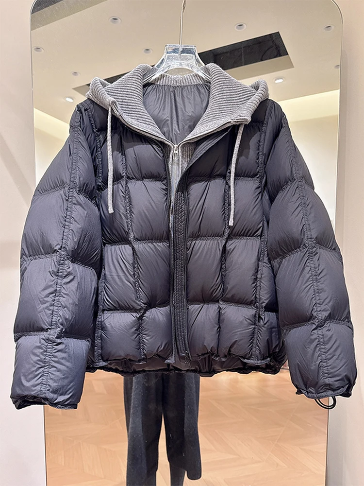 

Korean Sle Knitted Hooded Patchwork Puff Cotton Coat Ele Winter New Large Size Women's Simple Warm Outerwear