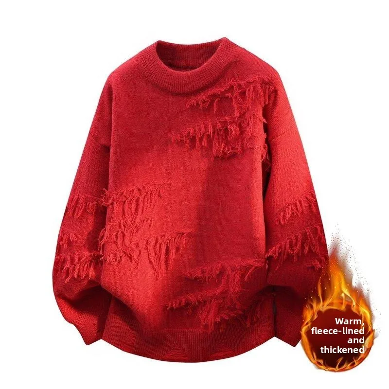 

Men's Autumn Winter Knitted Sweater round Ne Thiened Casual Faion Polyester Fiber Long Sve Warm Pure Color Top