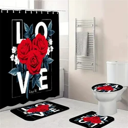 Rose Flower Shower Curtain Set with Non-Slip Rugs Toilet Lid Cover Bath Mat Valentine's Day Bathroom Curtain Waterproof Decor