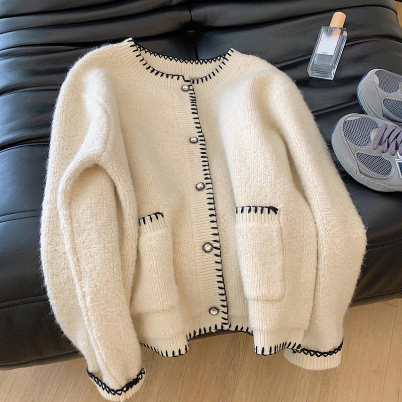 Autumn Winter Color Blocking Soft Women's Sweater Chic O-Neck Single Breasted Knitted Coat Elegant Long Sleeve Cardigan Tops
