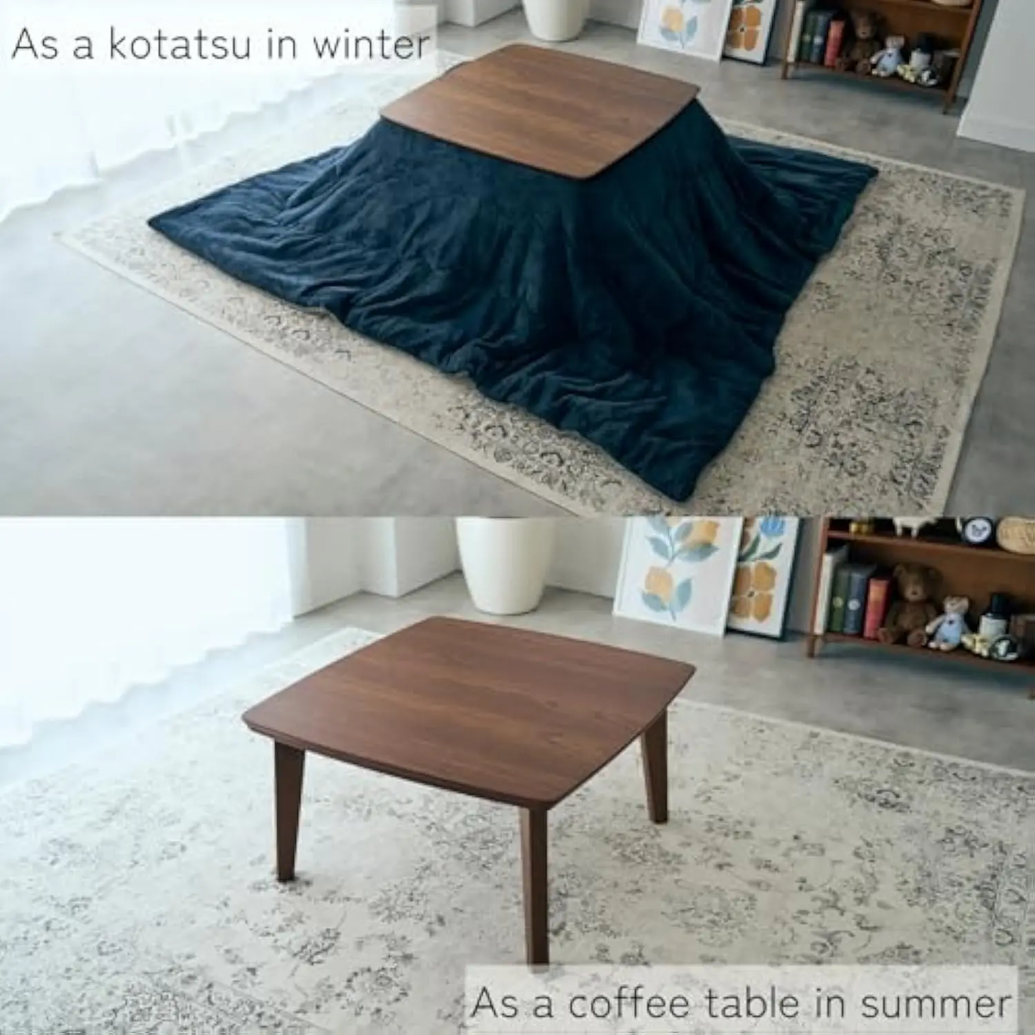 US-KLY Kotatsu Heater Table Low-Lying Dining and Work Desk (Square W29.5 xD29.5 xH15.4 Inchies, Brown)