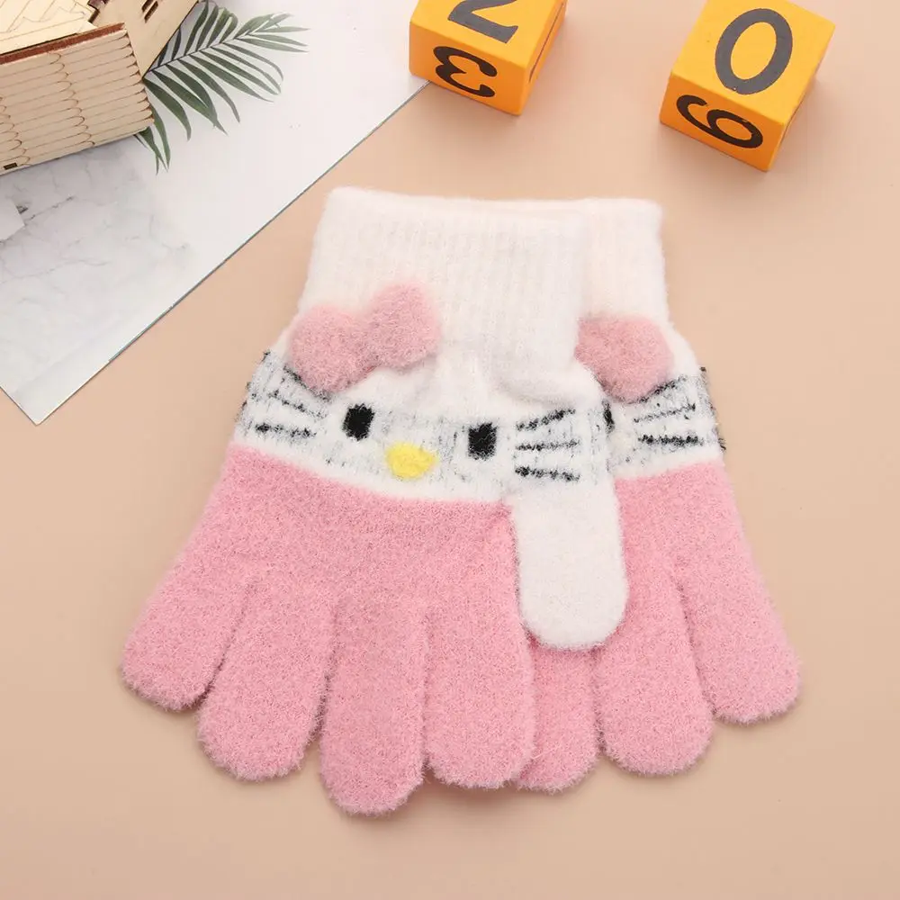 Guantes para niños con diseño de gato bonito, guantes tejidos con dedos completos, manoplas cálidas de invierno para niños y niñas de 4 a 10 años