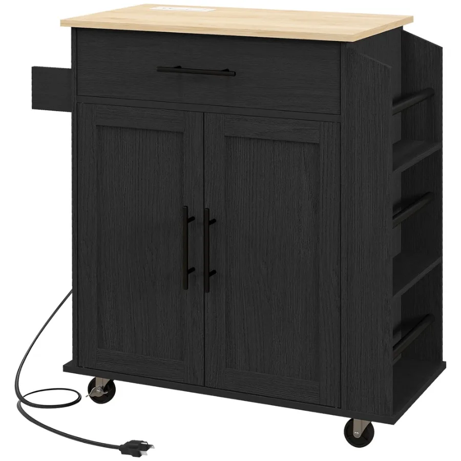 Kitchen Island with Storage Rolling Kitchen Cart with AC Outlets and USB Ports Microwave Stand with Towel and Spice Rack Black