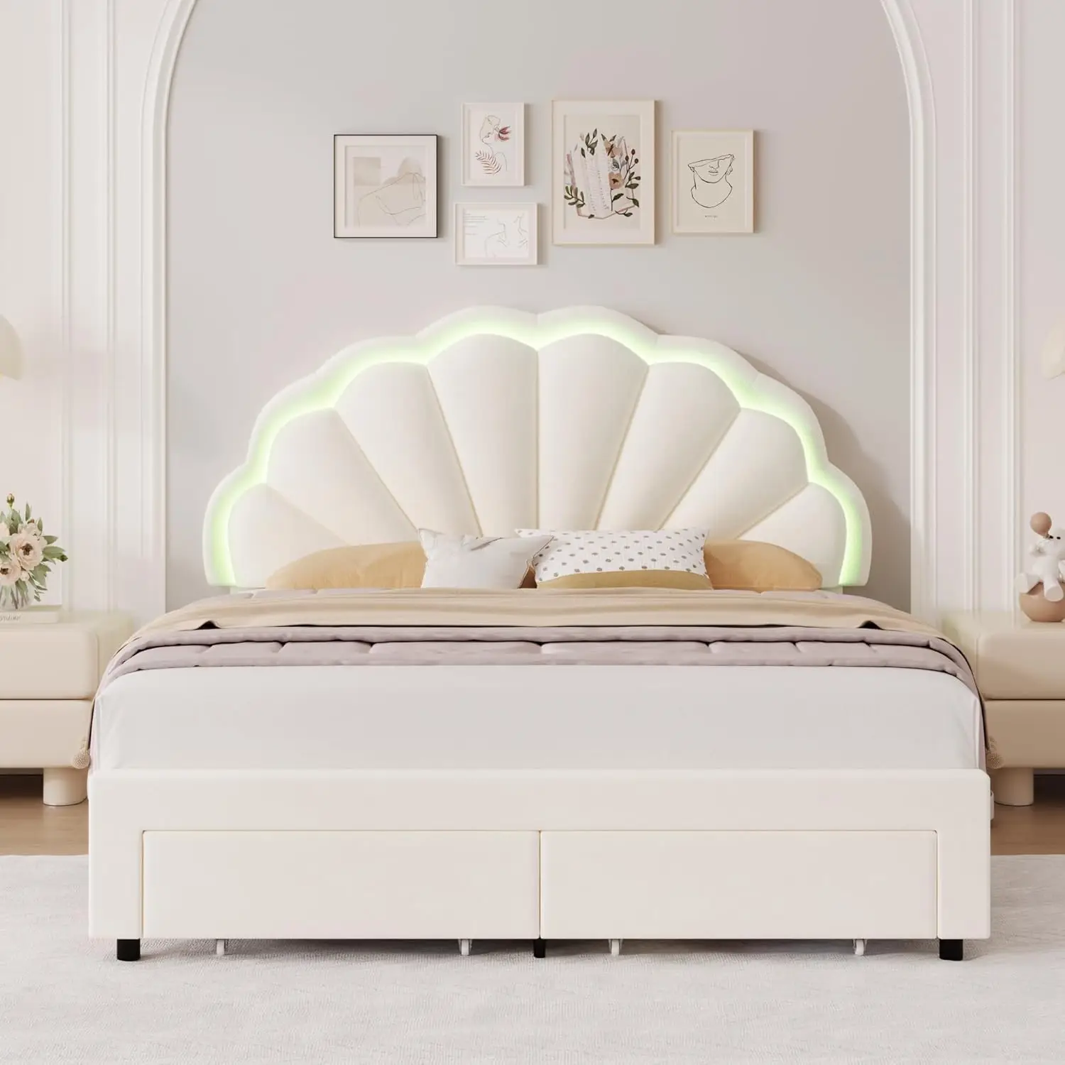Upholstered Smart LED Bed Frame with 2 Storage Drawers & Adjustable Chic Double Petal Headboard, Velvet Princess