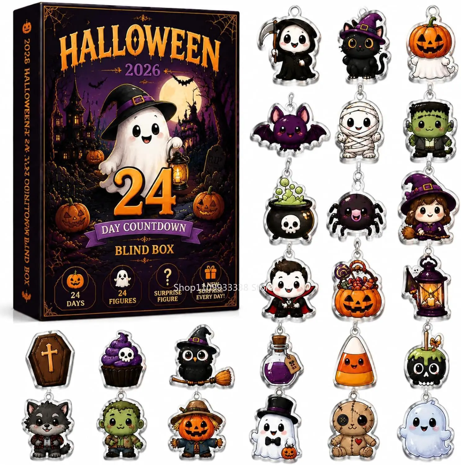 New Hot Halloween Ghost Advent Calendar 24-Day Halloween Countdown Calendar with 2D Ghost Hanging Ornaments, Horror Calendars